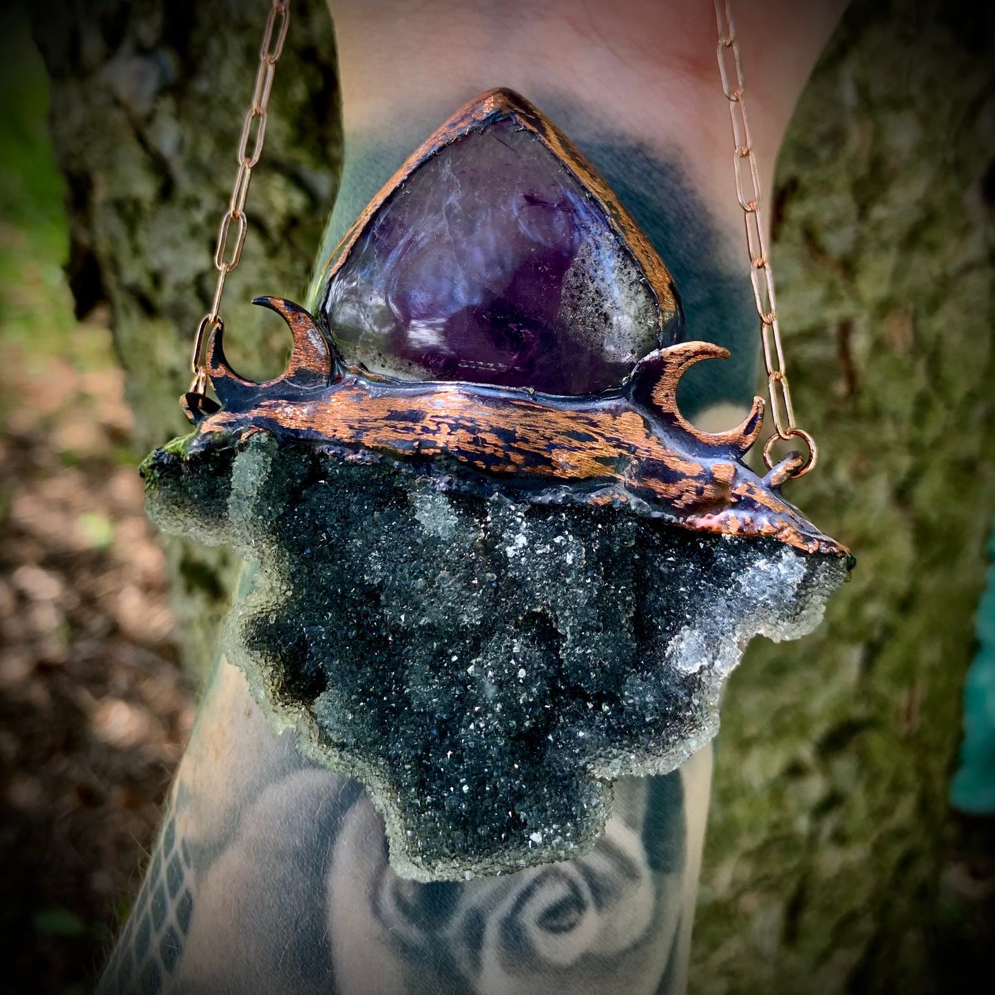 Electroformed black spirit quartz & fluorite statement pendant