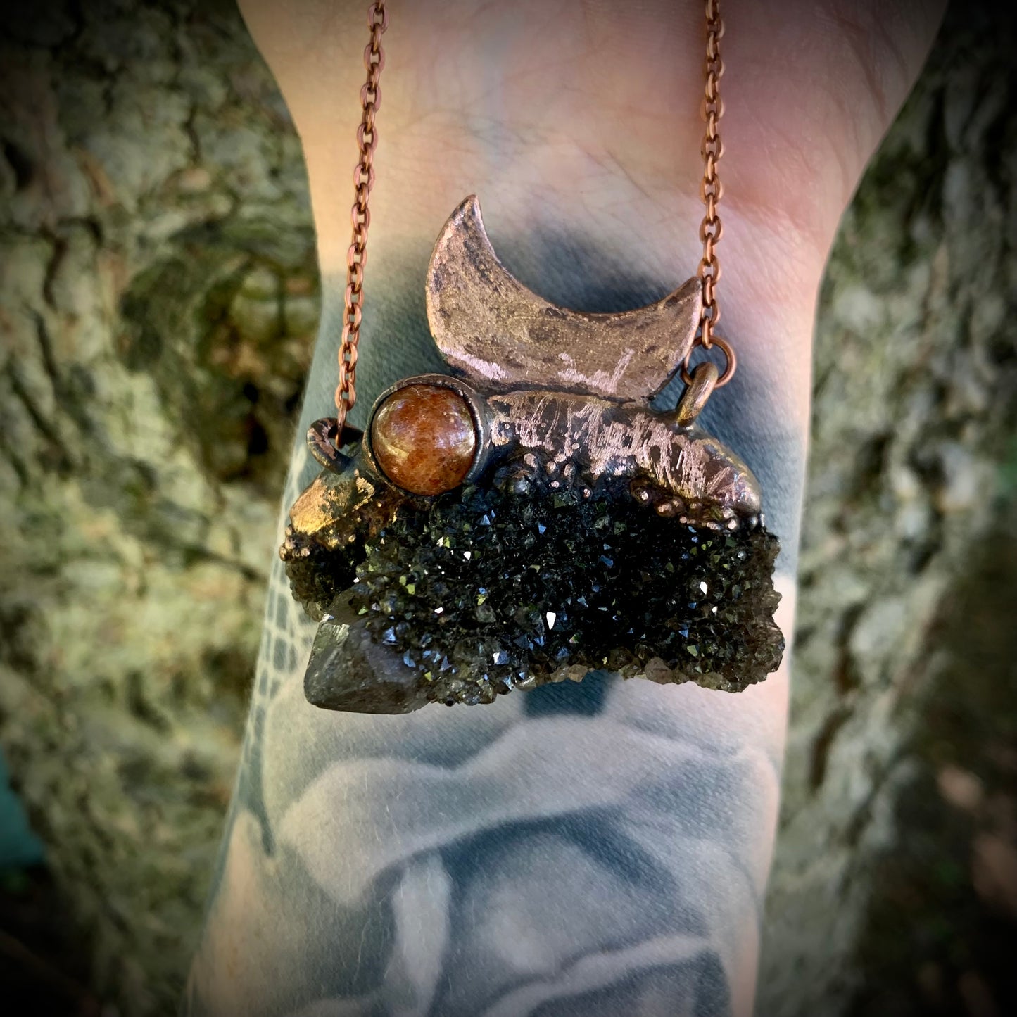 Electroformed black spirit quartz & sunstone moon pendant