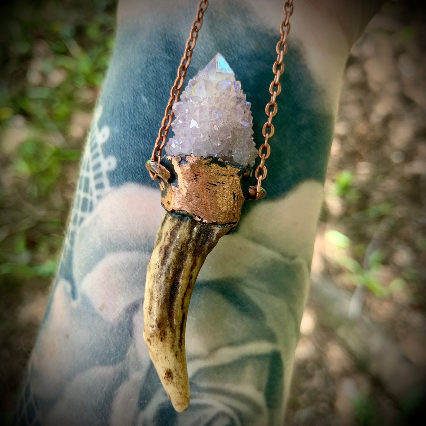 Electroformed aura spirit quartz antler pendant