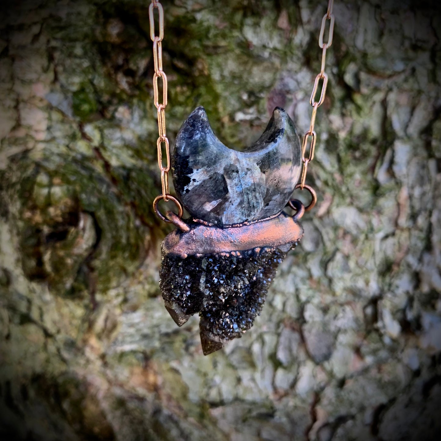 Electroformed black spirit quartz & spectrolite moon pendant