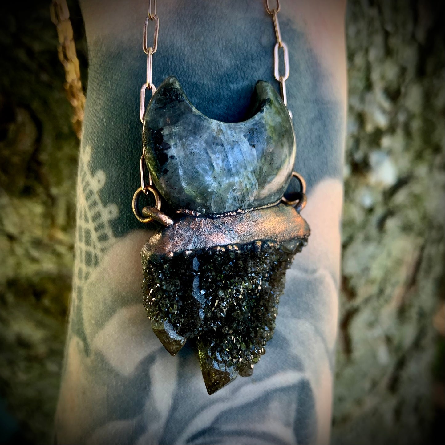 Electroformed black spirit quartz & spectrolite moon pendant