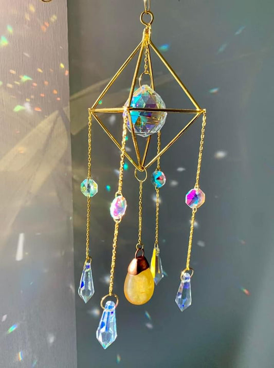 Yellow fluorite geometric crystal suncatcher